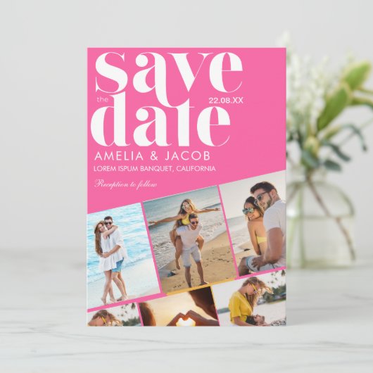 Modernes buntes Hochzeitsspiel Foto Orange und Ros Save The Date (Stehend Vorderseite)