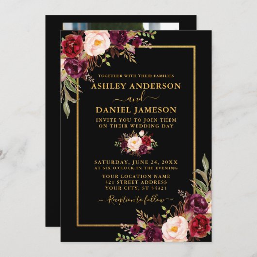 Modernes Burgund-Bloral-Black-Gold-Foto Hochzeit Einladung (Vorne/Hinten)