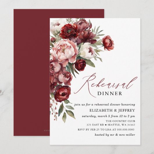 Modernes Burgund Blush Probe Dinner Einladung (Vorne/Hinten)