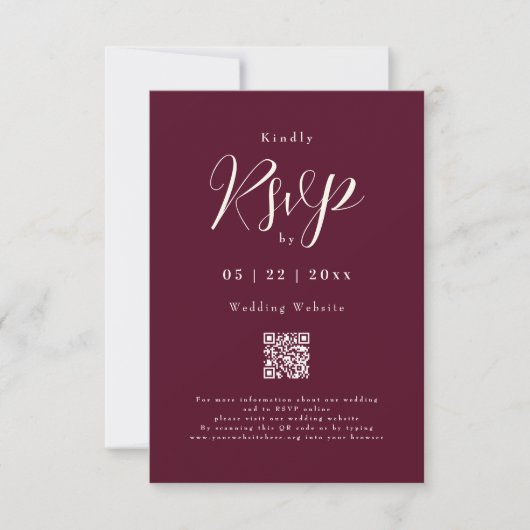 Modernes Burgund Elegantes Script QR Code Hochzeit RSVP Karte (Vorderseite)