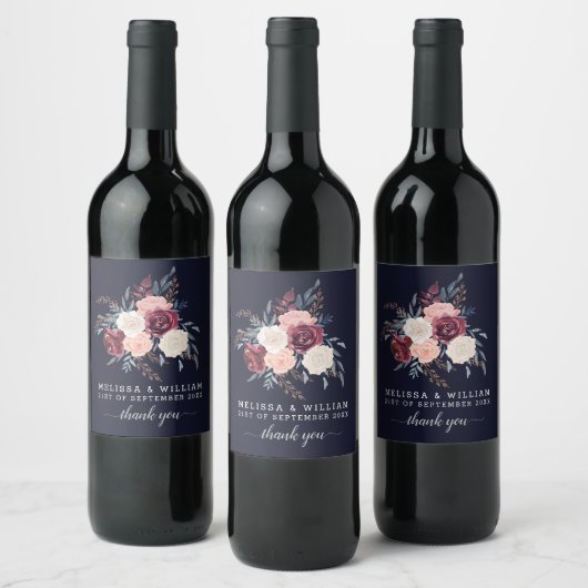 Modernes Burgund Floral Danke Navy Hochzeit Weinetikett (Flaschen)