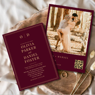 Modernes Burgund Gold Foto QR Code Hochzeit Einladung
