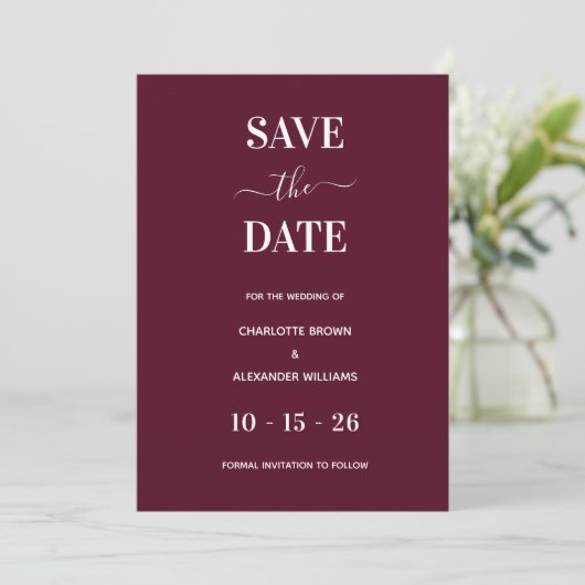 Modernes Burgund-Minimal retten den Termin Save The Date (Stehend Vorderseite)