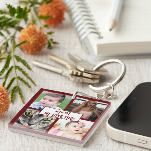 Modernes Burgund Mum Wir Liebe Sie FotoCollage Schlüsselanhänger (Vorderseite rechts)