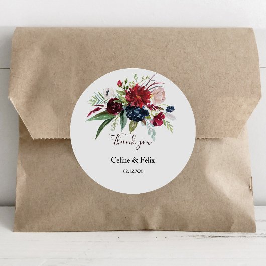 Modernes Burgund Navy Blush Floral Vielen Dank für Runder Aufkleber
