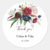 Modernes Burgund Navy Blush Floral Vielen Dank für Runder Aufkleber (Vorderseite)