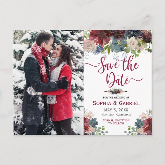 Modernes Burgund Navy Save the Date Foto Ankündigungspostkarte (Vorderseite)