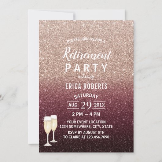 Modernes Burgund Rose Gold Glitzer Rente Party Einladung (Vorderseite)