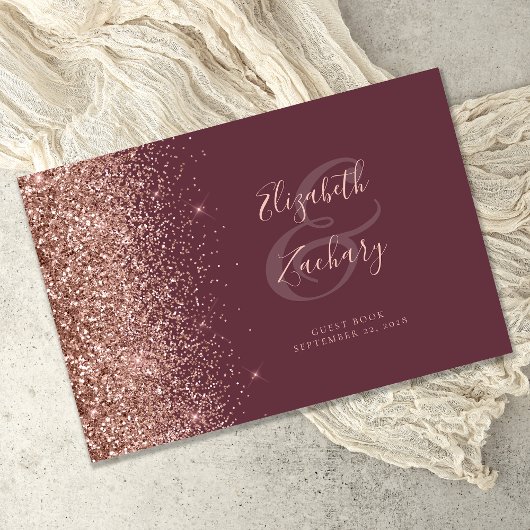 Modernes Burgund Rose Gold Glitzer Script Gästebuch
