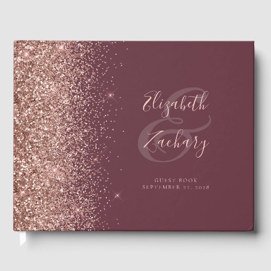 Modernes Burgund Rose Gold Glitzer Script Gästebuch (Vorderseite)