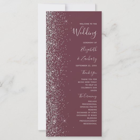 Modernes Burgund-Silber-Glitzer-Hochzeitsprogramm (Vorderseite)