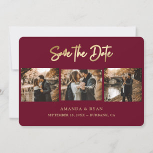 Modernes Burgund und Goldfoil Wedding 3 Foto Save The Date