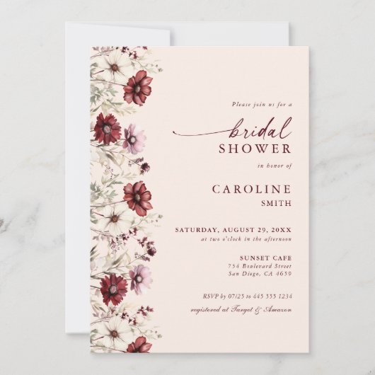 Modernes Burgund-Wildblume-Brautparty Einladung (Vorderseite)
