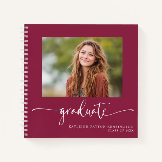 Modernes Burgunder Abschluss Gästebuch mit Foto Notizblock (Vorderseite)