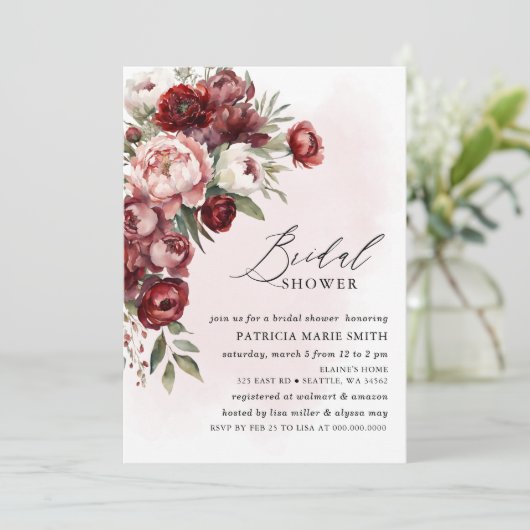 Modernes Burgunder Rosa Blush Brautparty Einladung (Stehend Vorderseite)