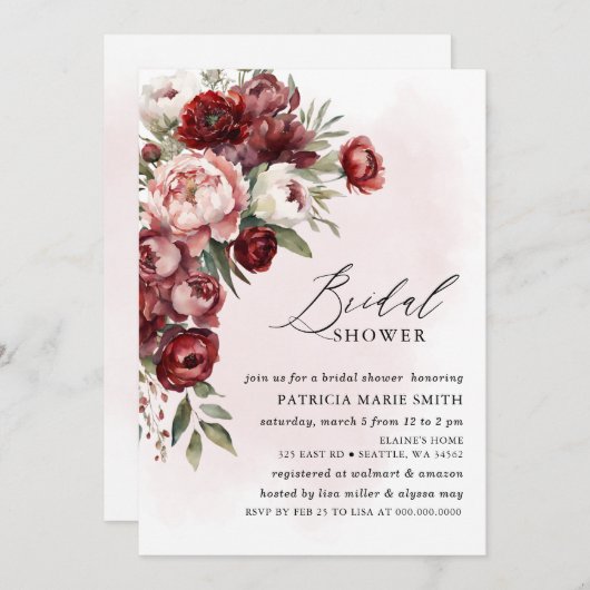 Modernes Burgunder Rosa Blush Brautparty Einladung (Vorne/Hinten)