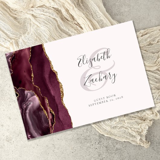Modernes Burgundy Agate Gold Script Blush Pink Gästebuch