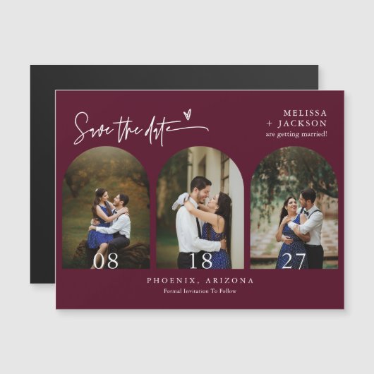 Modernes Burgundy Boho Save the Date Arch Foto Magnetkarte (Vorne/Hinten)