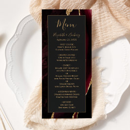 Modernes Burgundy Gold Agate Dark Wedding Menu Menükarte