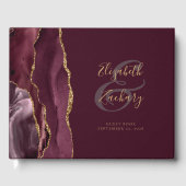 Modernes Burgundy Gold Agate Script Gästebuch (Vorderseite)