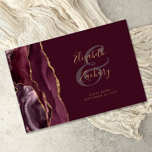 Modernes Burgundy Gold Agate Script Gästebuch