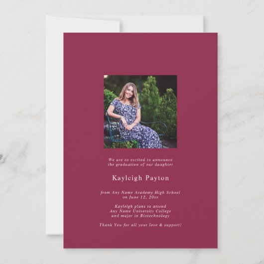 Modernes Burgundy Script Abschluss Arch Foto Ankündigung (Rückseite)