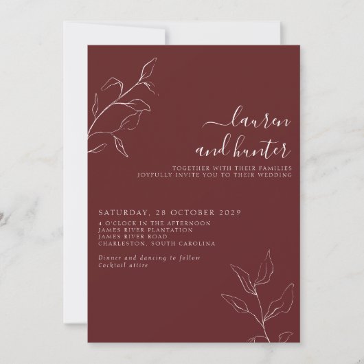 Modernes Burgundy Script Botanische Hochzeit Invit Einladung (Vorderseite)