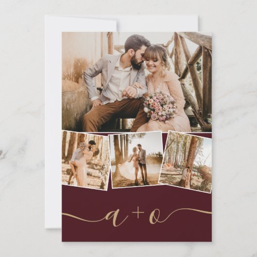 Modernes burgundy Script Foto initialisiert Hochze Einladung (Rückseite)