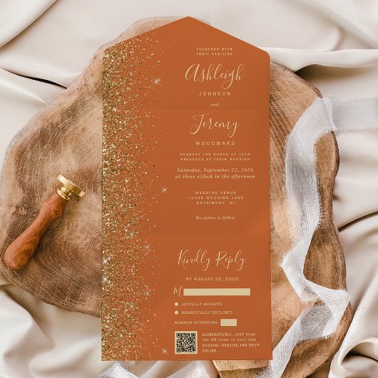 Modernes Burnt Orange Gold Glitzer QR Code Wedding All In One Einladung