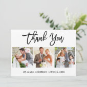 Modernes Bürsten-Skript, das Foto 3 Wedding ist Dankeskarte (Stehend Vorderseite)