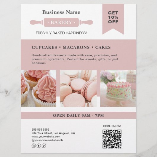 Modernes Button Weißrosa Bäckerei Business Flyer (Vorne)