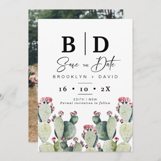 Modernes Cactus Foto Wedding Save the Date Card Einladung (Vorne/Hinten)