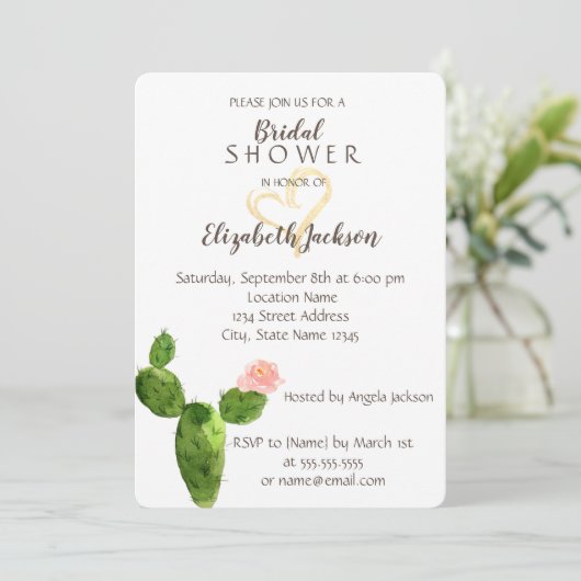 Modernes Cactus Gold Glitzer Herz Brautparty Einladung (Stehend Vorderseite)