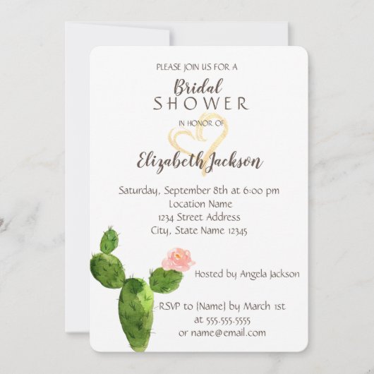 Modernes Cactus Gold Glitzer Herz Brautparty Einladung (Vorderseite)