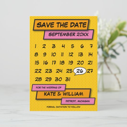 Modernes Calendar Fun Comic Save the Date buchen (Stehend Vorderseite)