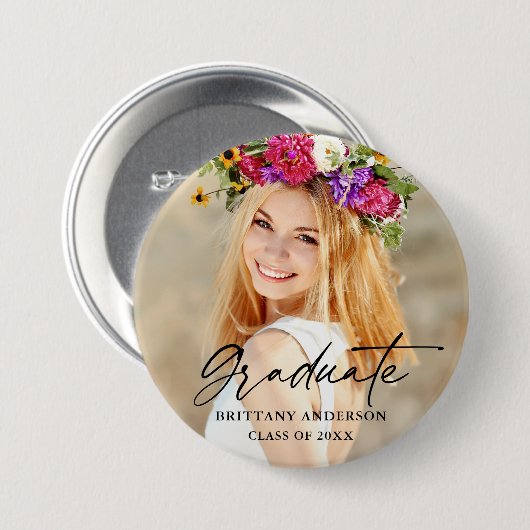 Modernes Calligrafy Ink Script Graduate Foto Button (Vorne & Hinten)