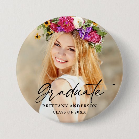 Modernes Calligrafy Ink Script Graduate Foto Button (Vorderseite)