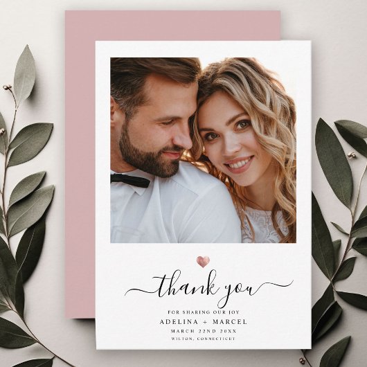 Modernes Calligraphie Rose Gold Heart Wedding Foto Dankeskarte