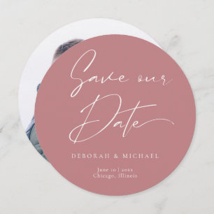 Modernes Calligraphie Round Circle Dusty Rose Foto Save The Date