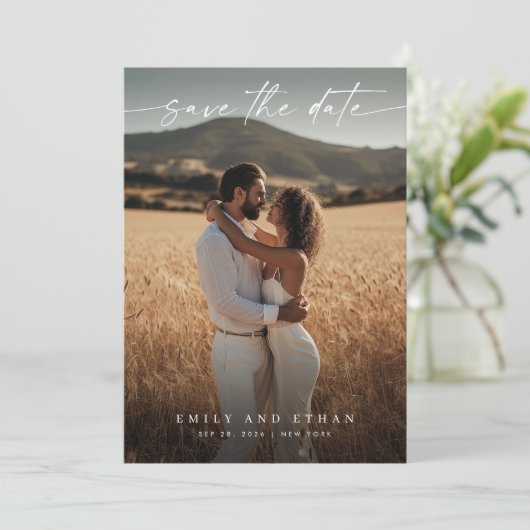 Modernes Calligraphy Boho QR Code Foto Save The Date (Stehend Vorderseite)