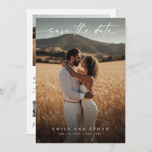 Modernes Calligraphy Boho QR Code Foto Save The Date (Vorne/Hinten)