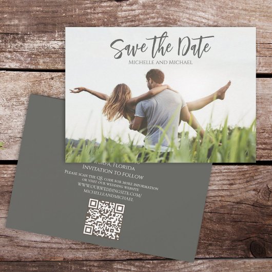 Modernes Calligraphy Script Foto Trendy QR Code Save The Date