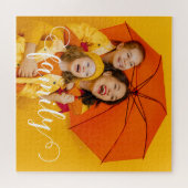 Modernes Calligraphy Script Overlay Family Foto Puzzle (Horizontal)
