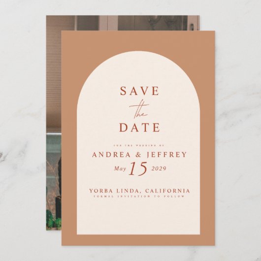 Modernes Caramel Arch Foto Hochzeit rettet das Dat Save The Date (Vorne/Hinten)
