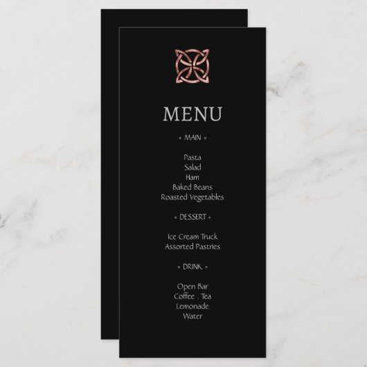 Modernes Celtic Knot Rose Gold Wedding Menu Menükarte (Vorne/Hinten)