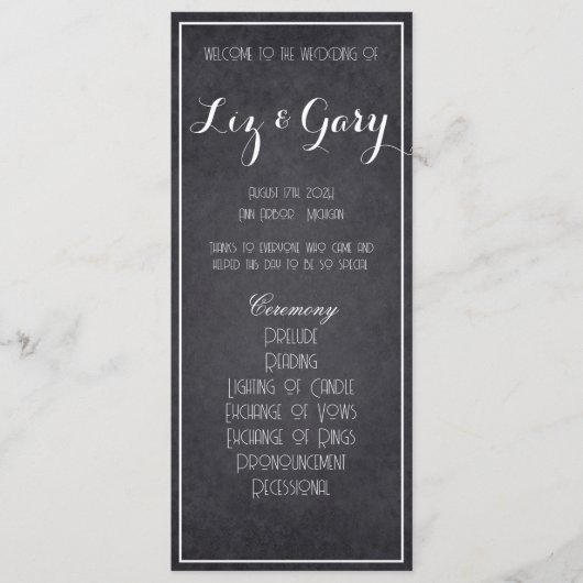 Modernes Chalkboard-Hochzeitsprogramm Programm (Vorderseite)