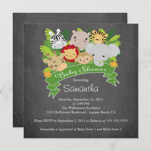 Modernes Chalkboard Jungle Safari Animal Baby Dusc Einladung (Vorne/Hinten)