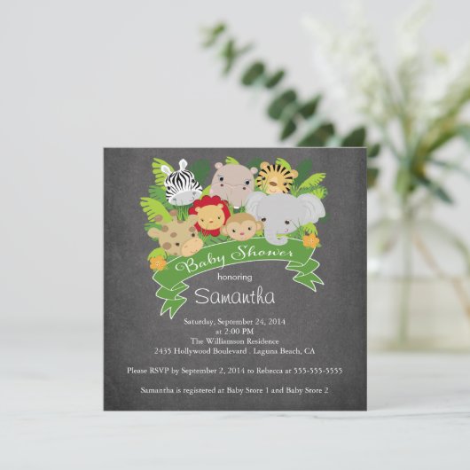 Modernes Chalkboard Jungle Safari Animal Baby Dusc Einladung (Stehend Vorderseite)