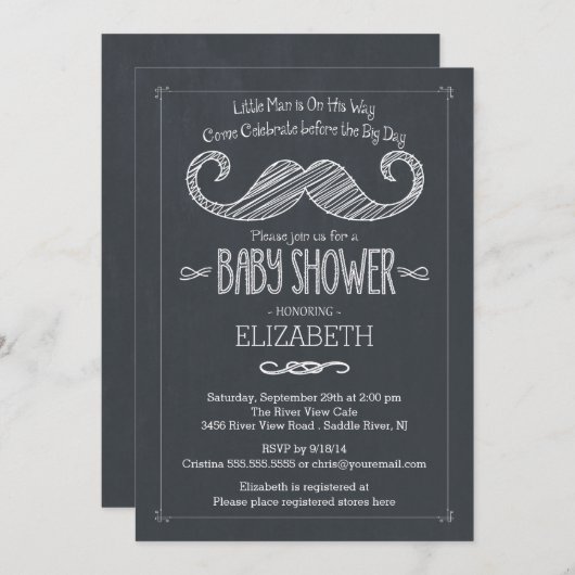 Modernes Chalkboard Little Man Mustache Babydusche Einladung (Vorne/Hinten)