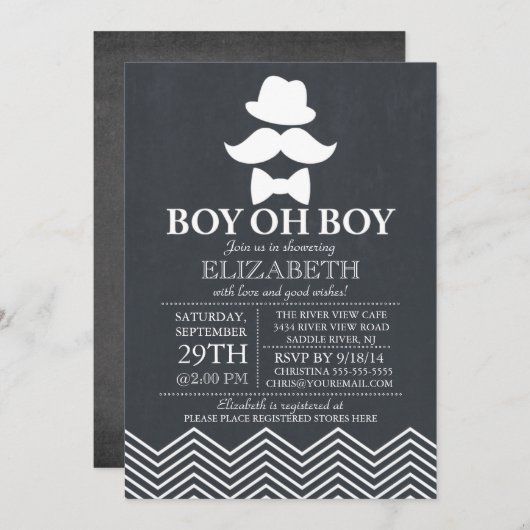 Modernes Chalkboard Little Man Mustache Babydusche Einladung (Vorne/Hinten)